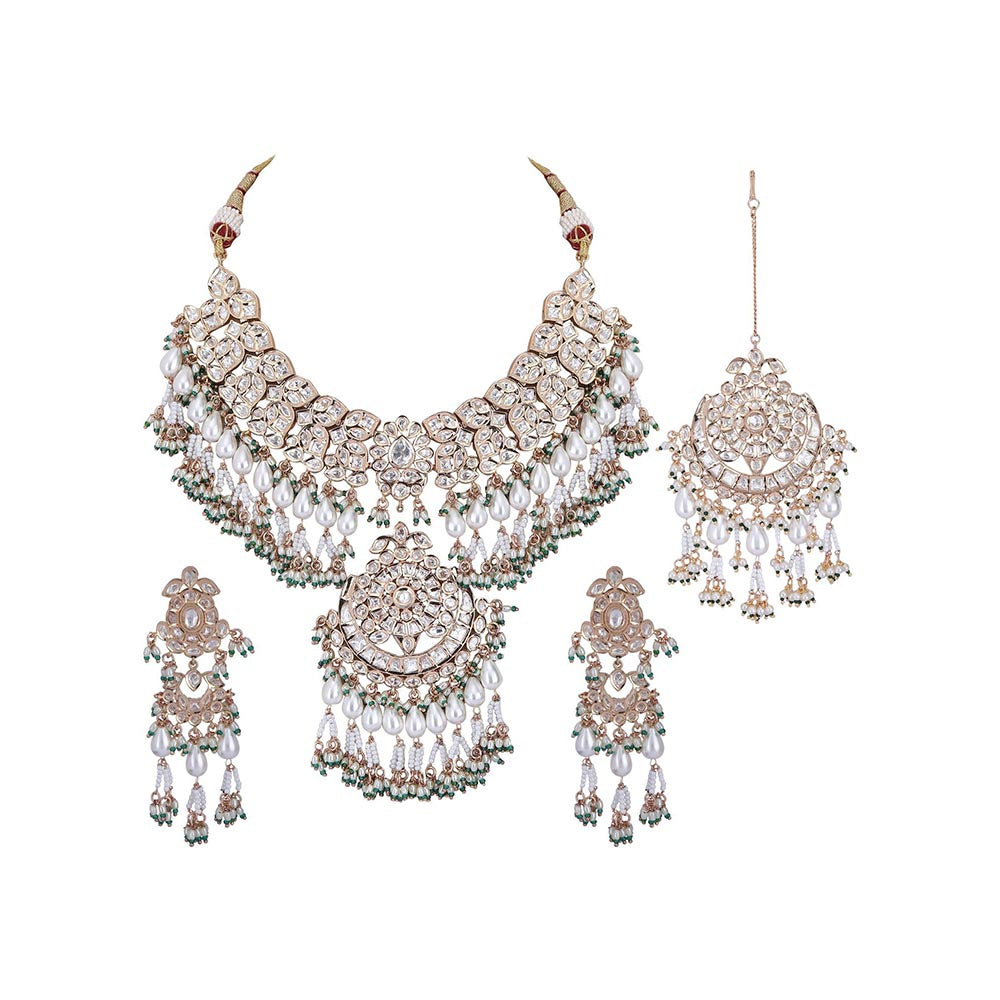 Auraa Trends 22KT Gold Plated Kundan Classic White and Green Necklace Set for women