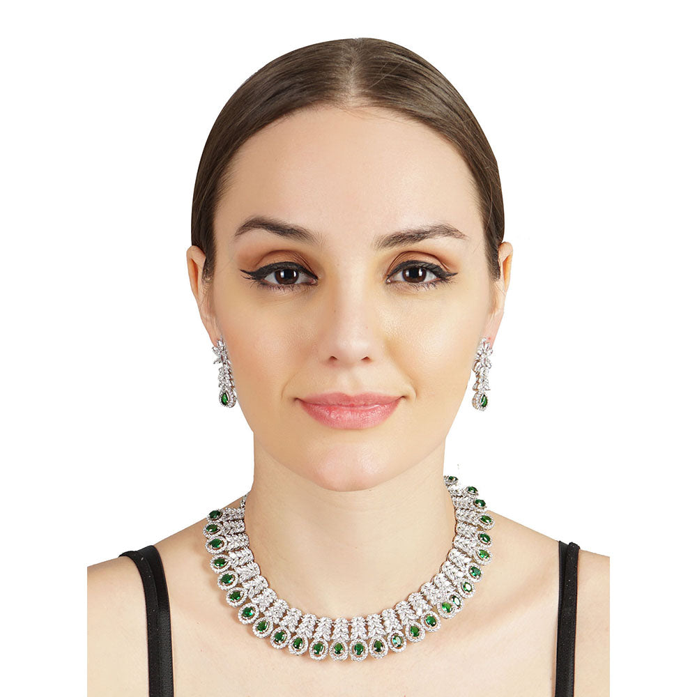 Auraa Trends Rhodium Plated American Diamond Zircon Green Necklace and Earrings (Set of 2)