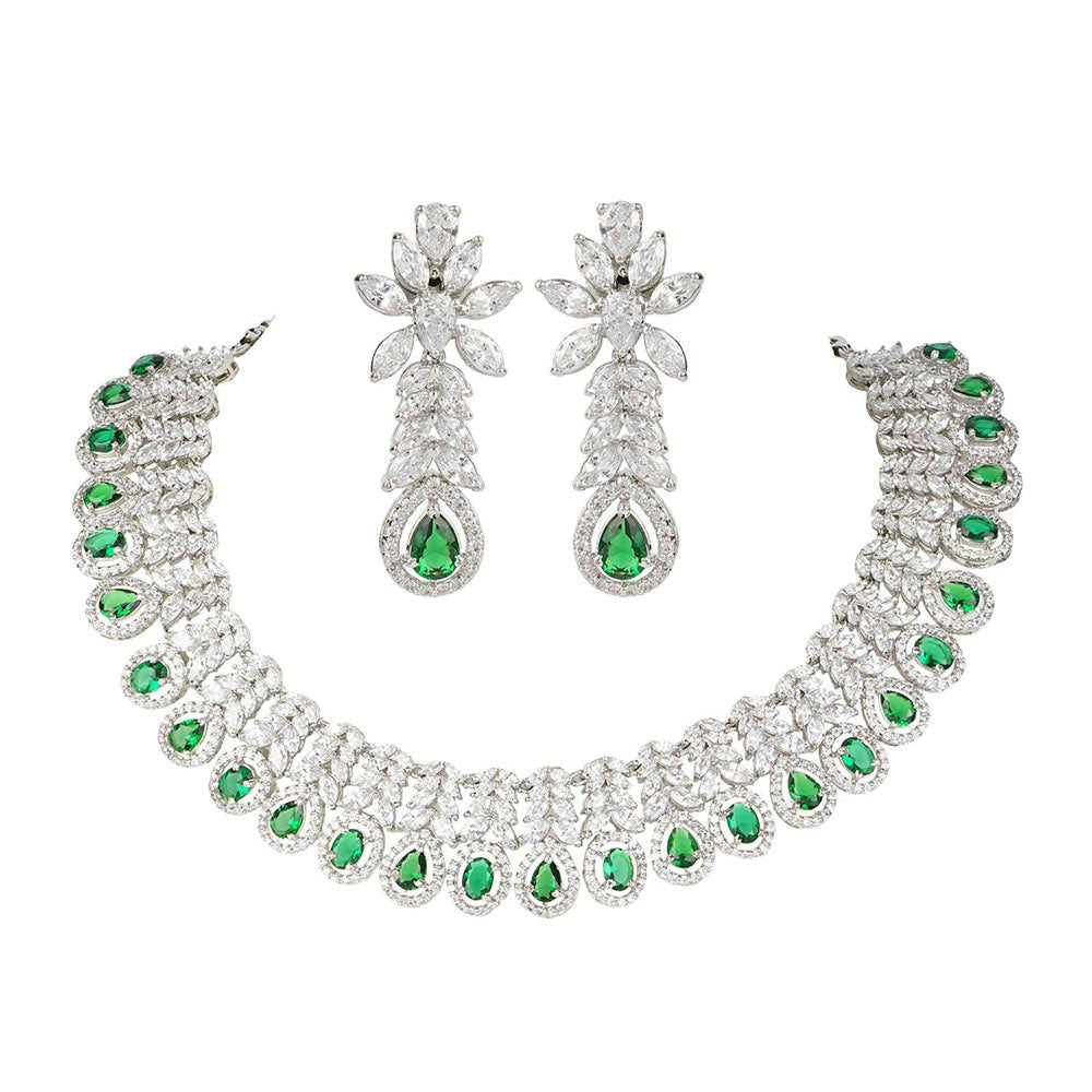 Auraa Trends Rhodium Plated American Diamond Zircon Green Necklace and Earrings (Set of 2)