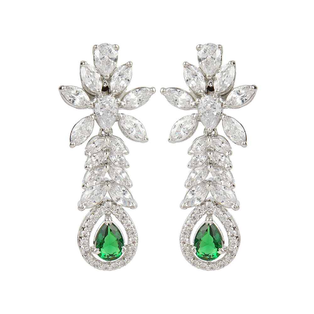 Auraa Trends Rhodium Plated American Diamond Zircon Green Necklace and Earrings (Set of 2)