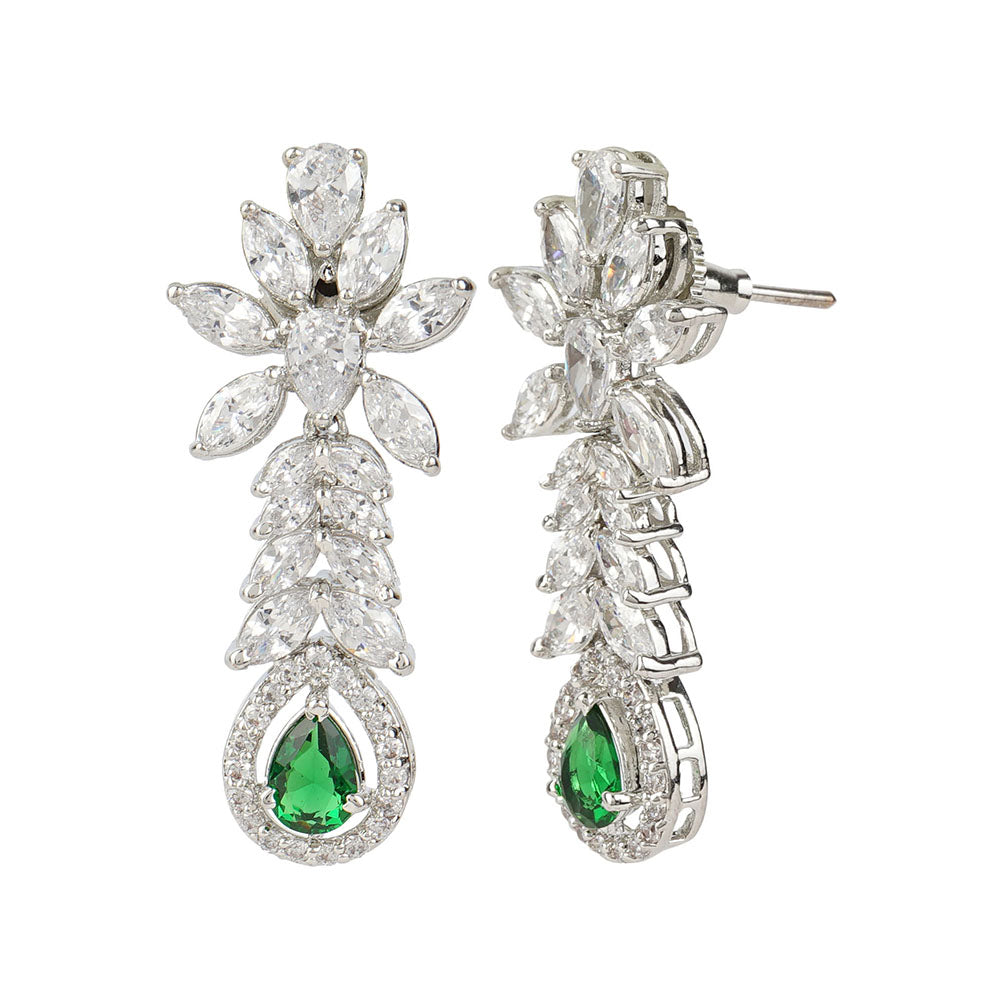 Auraa Trends Rhodium Plated American Diamond Zircon Green Necklace and Earrings (Set of 2)