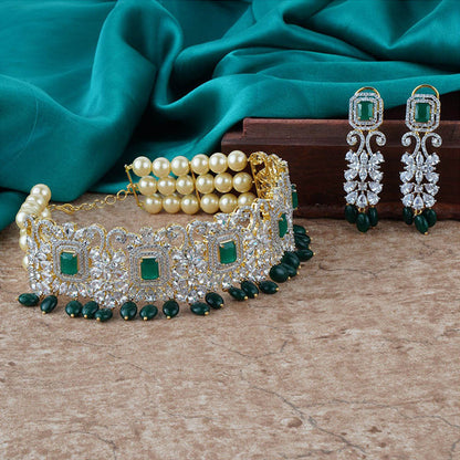 Auraa Trends Women Rhodium Plated American Diamond Zircon Green Choker Necklace Set