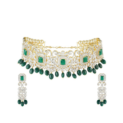 Auraa Trends Women Rhodium Plated American Diamond Zircon Green Choker Necklace Set