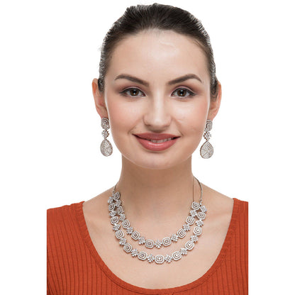 Auraa Trends Rhodium Plated American Diamond White Necklace Set for Women
