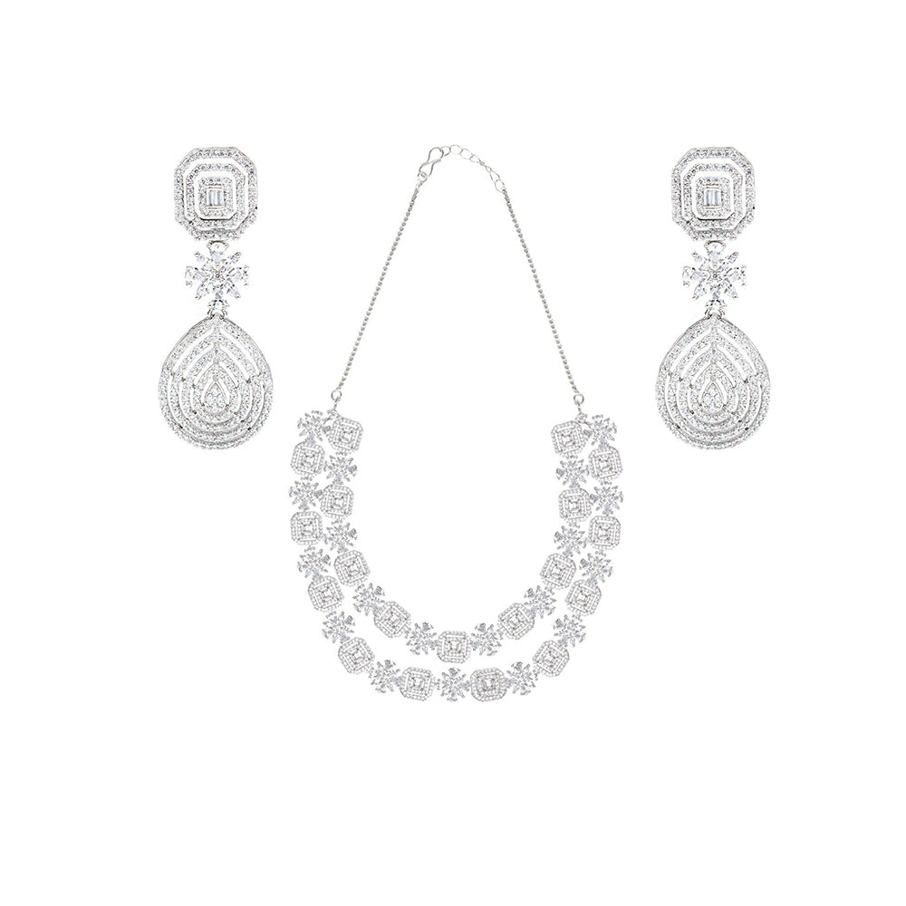 Auraa Trends Rhodium Plated American Diamond White Necklace Set for Women