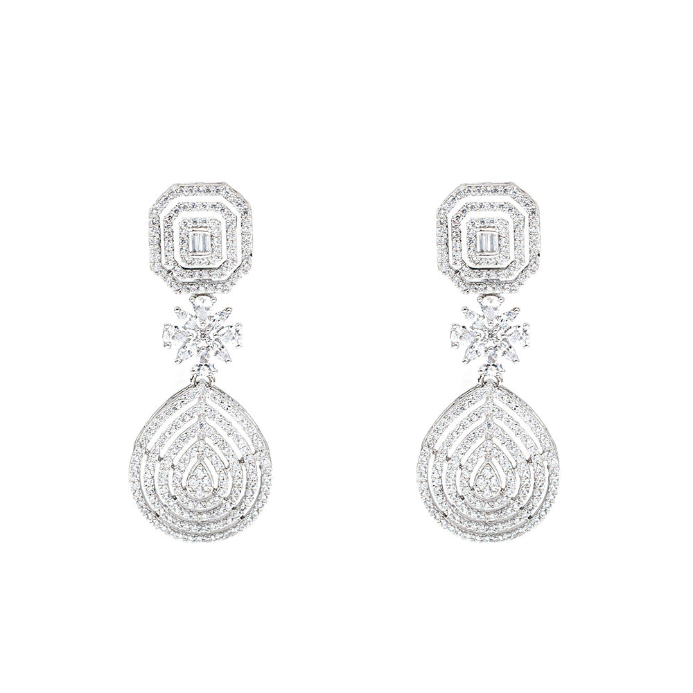 Auraa Trends Rhodium Plated American Diamond White Necklace Set for Women