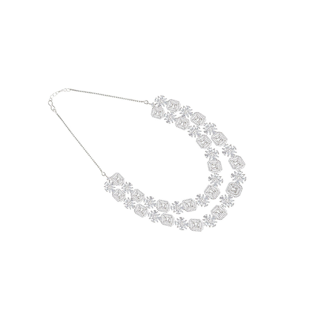 Auraa Trends Rhodium Plated American Diamond White Necklace Set for Women