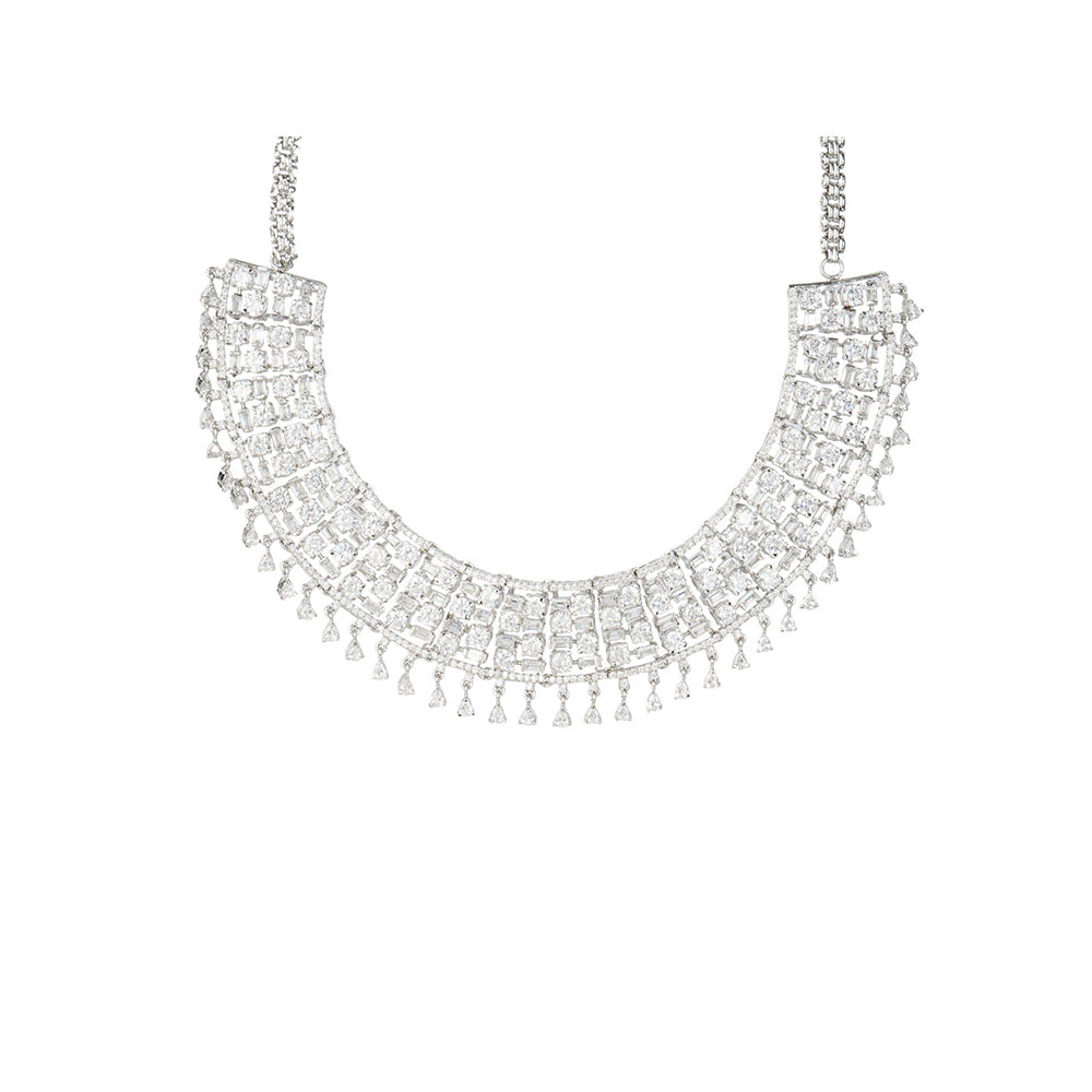 Auraa Trends Rhodium Plated American Diamond Zircon White Necklace Set for Women