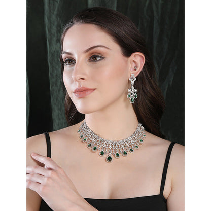 Auraa Trends Rhodium Plated Triangular Shaped American Diamond Studded Jewellery Set For Women