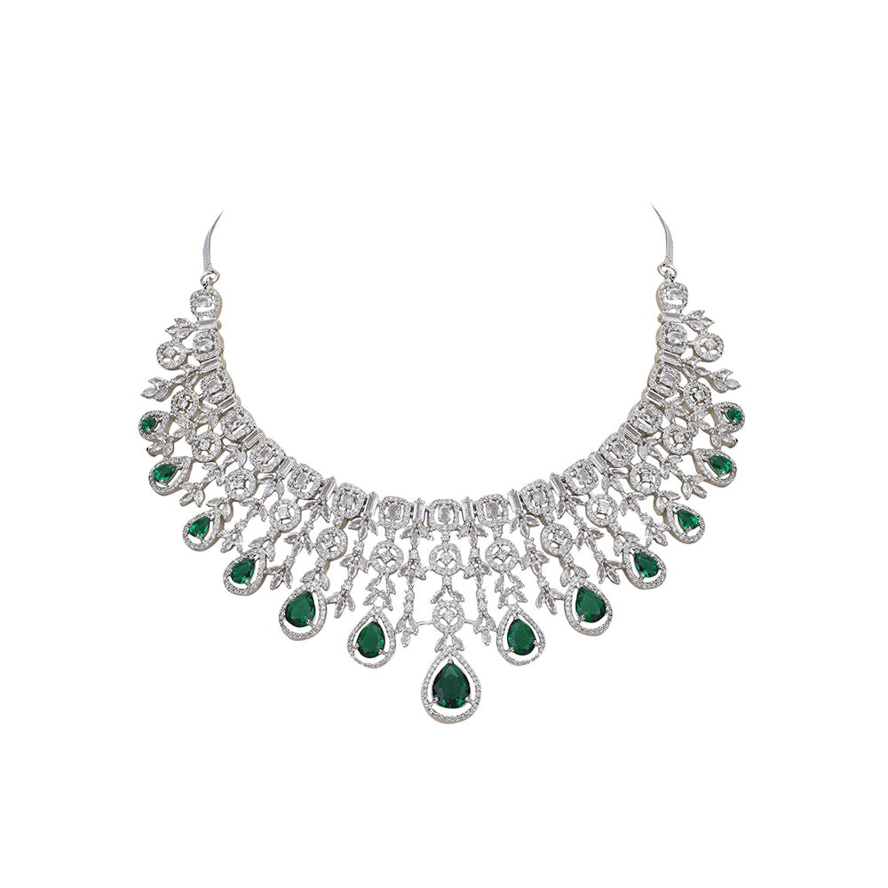 Auraa Trends Rhodium Plated Triangular Shaped American Diamond Studded Jewellery Set For Women