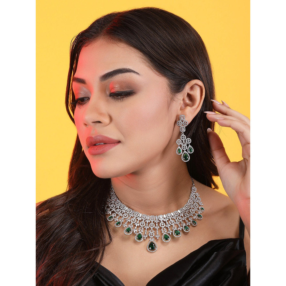 Auraa Trends Rhodium Plated Triangular Shaped American Diamond Studded Jewellery Set For Women
