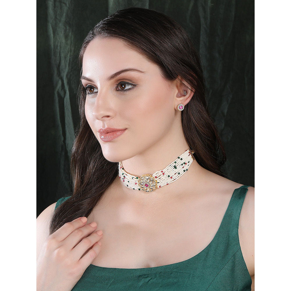 Auraa Trends Elegant Gold & White Choker Jewellery Set With Change Able Stones