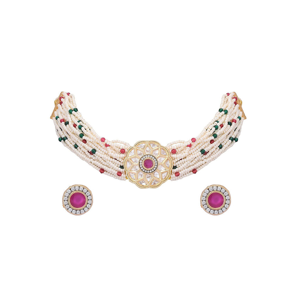 Auraa Trends Elegant Gold & White Choker Jewellery Set With Change Able Stones