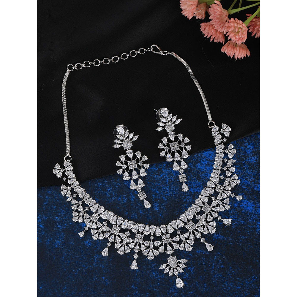 Auraa Trends Rhodium Plated White Brass Jhumka Necklace Sets For Women