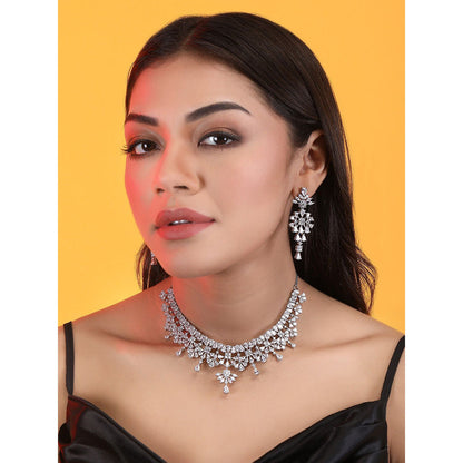 Auraa Trends Rhodium Plated White Brass Jhumka Necklace Sets For Women