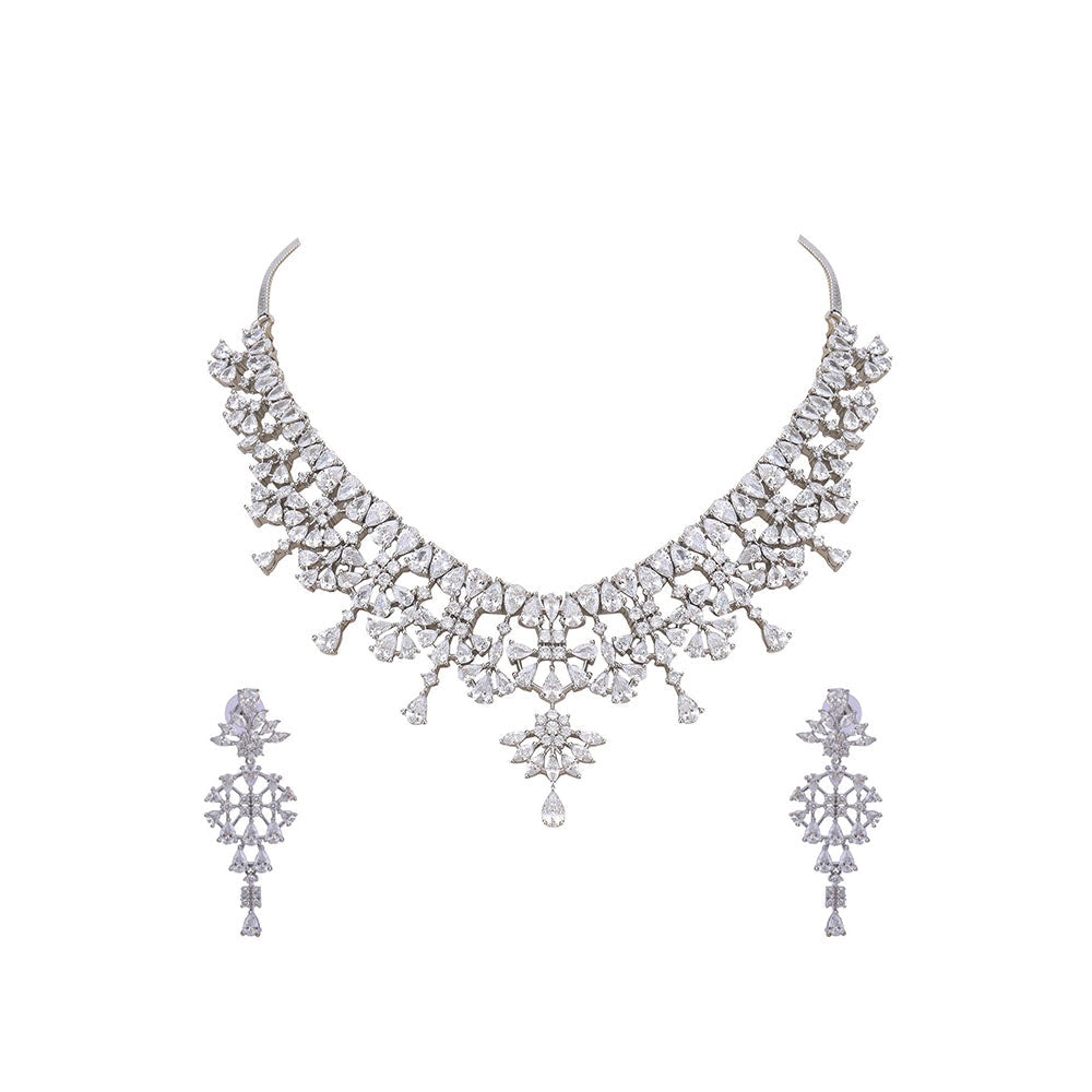 Auraa Trends Rhodium Plated White Brass Jhumka Necklace Sets For Women