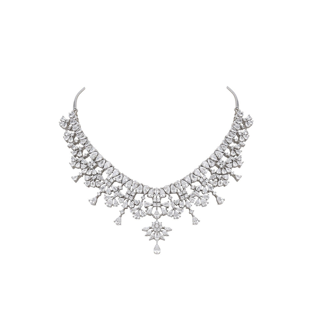 Auraa Trends Rhodium Plated White Brass Jhumka Necklace Sets For Women