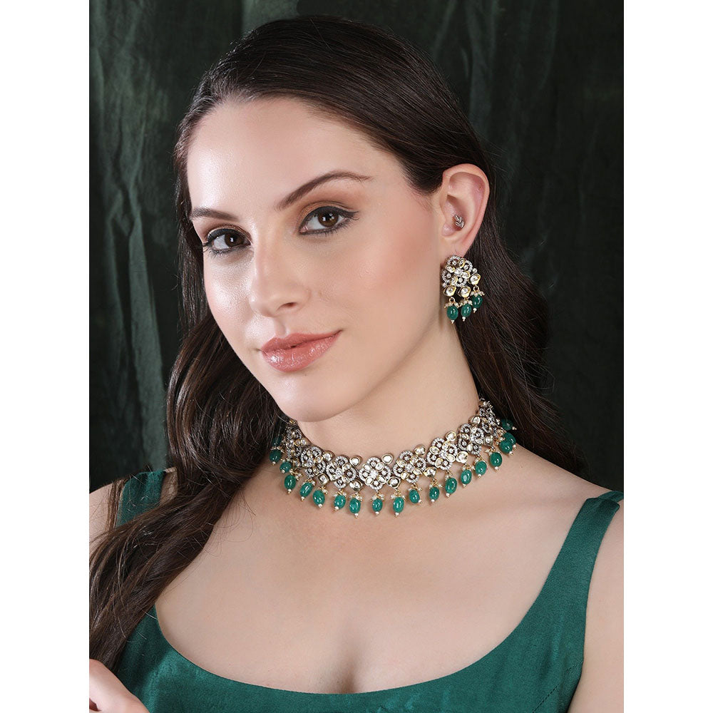 Auraa Trends 22K Gold Plated Green Kundan Studded Choker Jewellery Set For Women