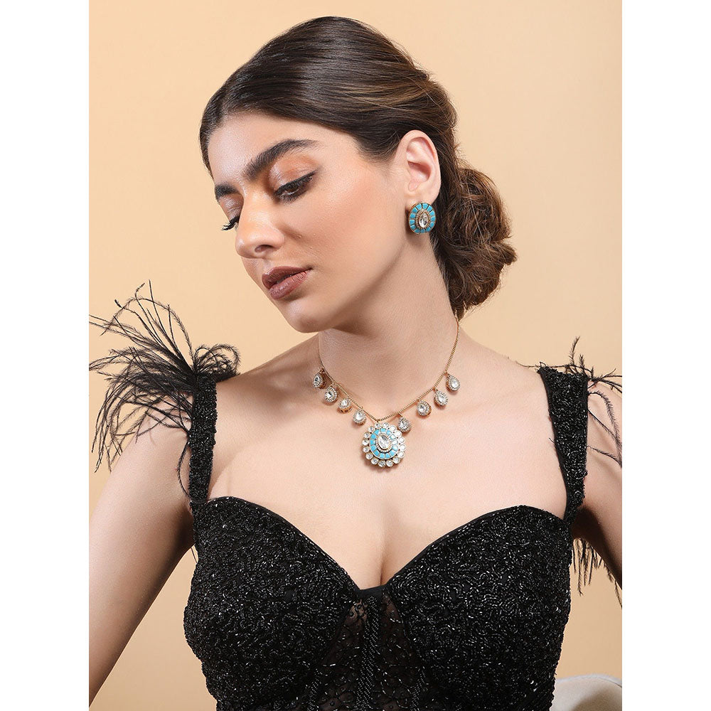 Auraa Trends 22Kt Gold Plated Kundan Blue Jewellery Set