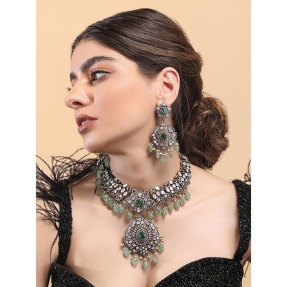 Auraa Trends Rhodium Plated American Diamond Zircon Green Jewellery Set