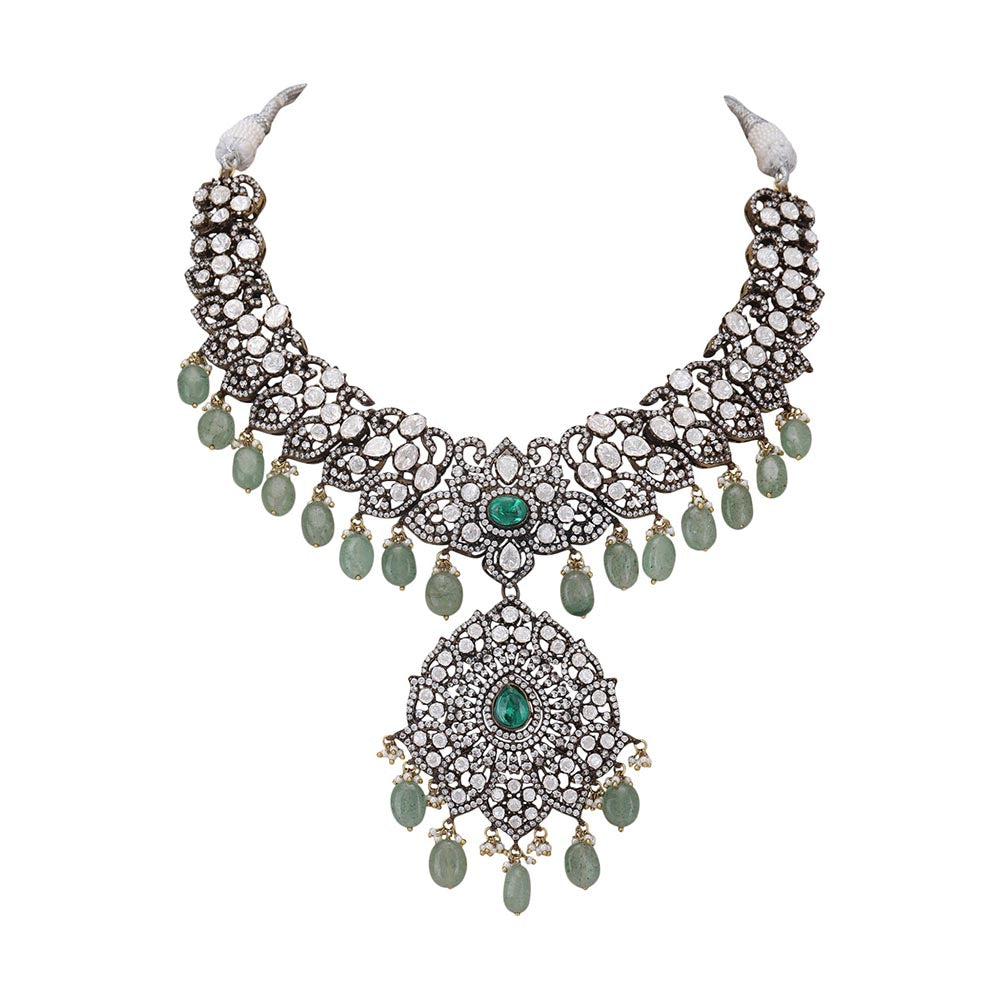 Auraa Trends Rhodium Plated American Diamond Zircon Green Jewellery Set