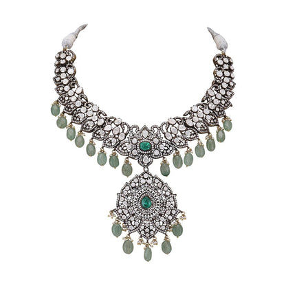 Auraa Trends Rhodium Plated American Diamond Zircon Green Jewellery Set