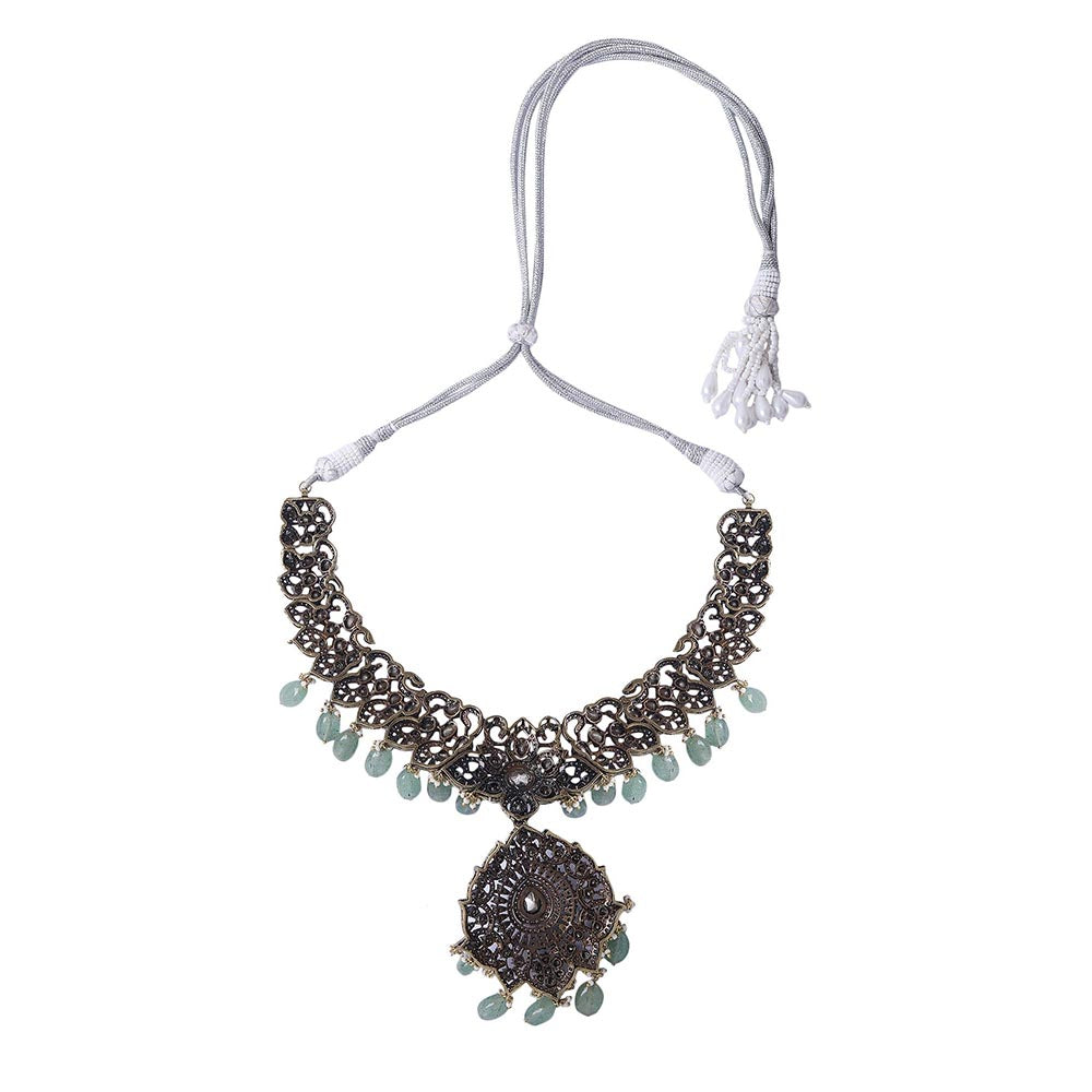 Auraa Trends Rhodium Plated American Diamond Zircon Green Jewellery Set