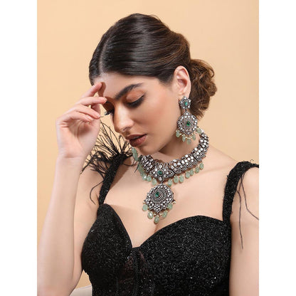 Auraa Trends Rhodium Plated American Diamond Zircon Green Jewellery Set