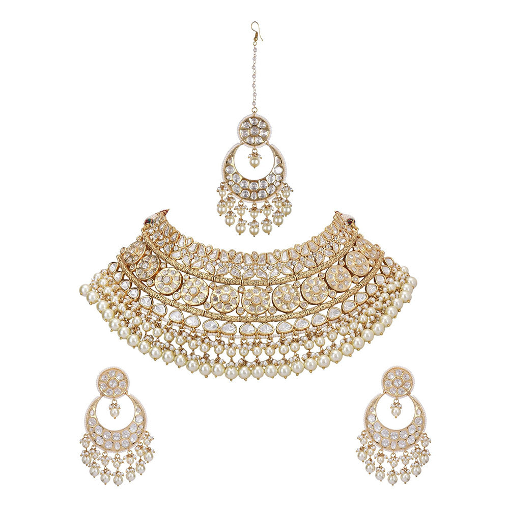 Auraa Trends 22Kt Gold Plated Kundan Golden Choker Jewellery Set