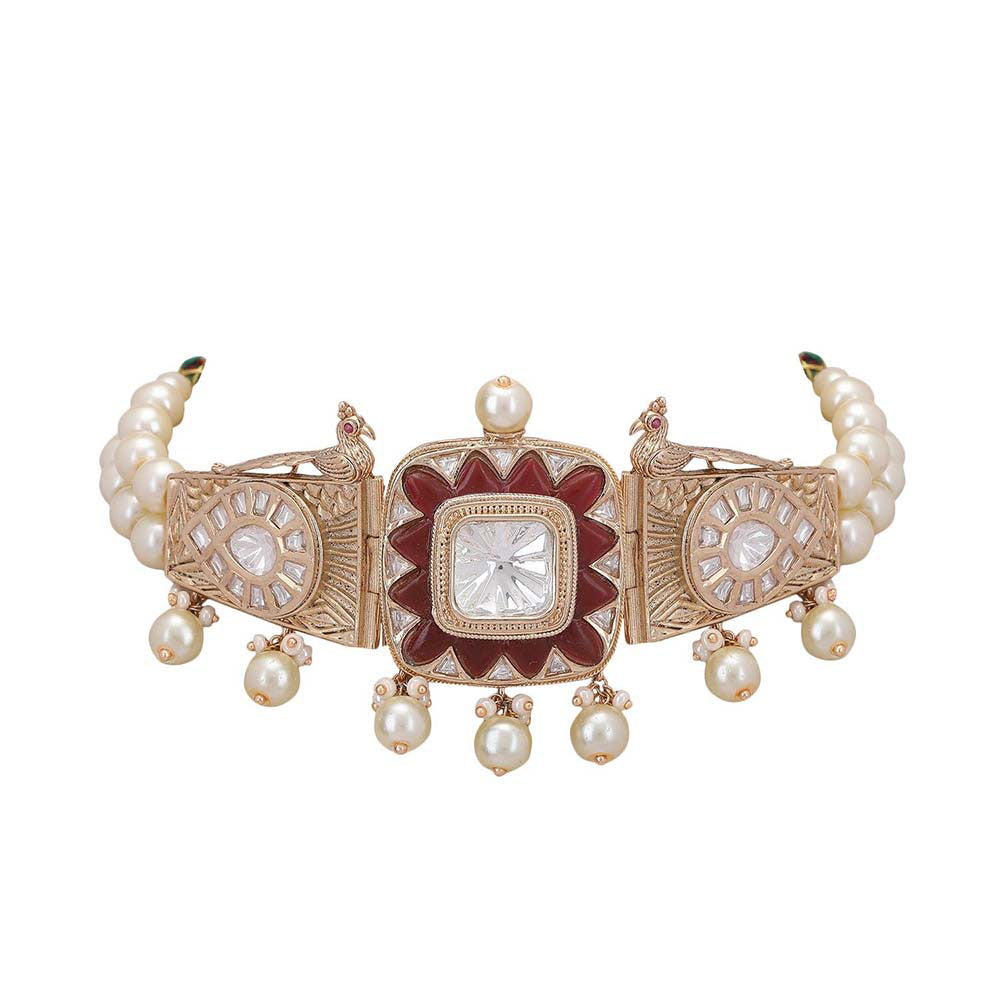 Auraa Trends 22Kt Gold Plated Kundan Maroon And Gold Choker Jewellery Set