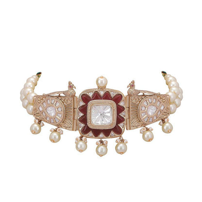 Auraa Trends 22Kt Gold Plated Kundan Maroon And Gold Choker Jewellery Set