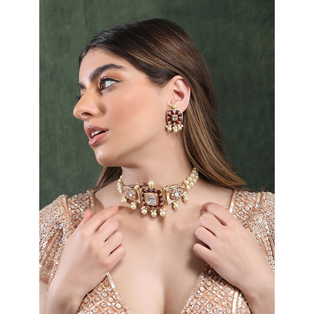 Auraa Trends 22Kt Gold Plated Kundan Maroon And Gold Choker Jewellery Set