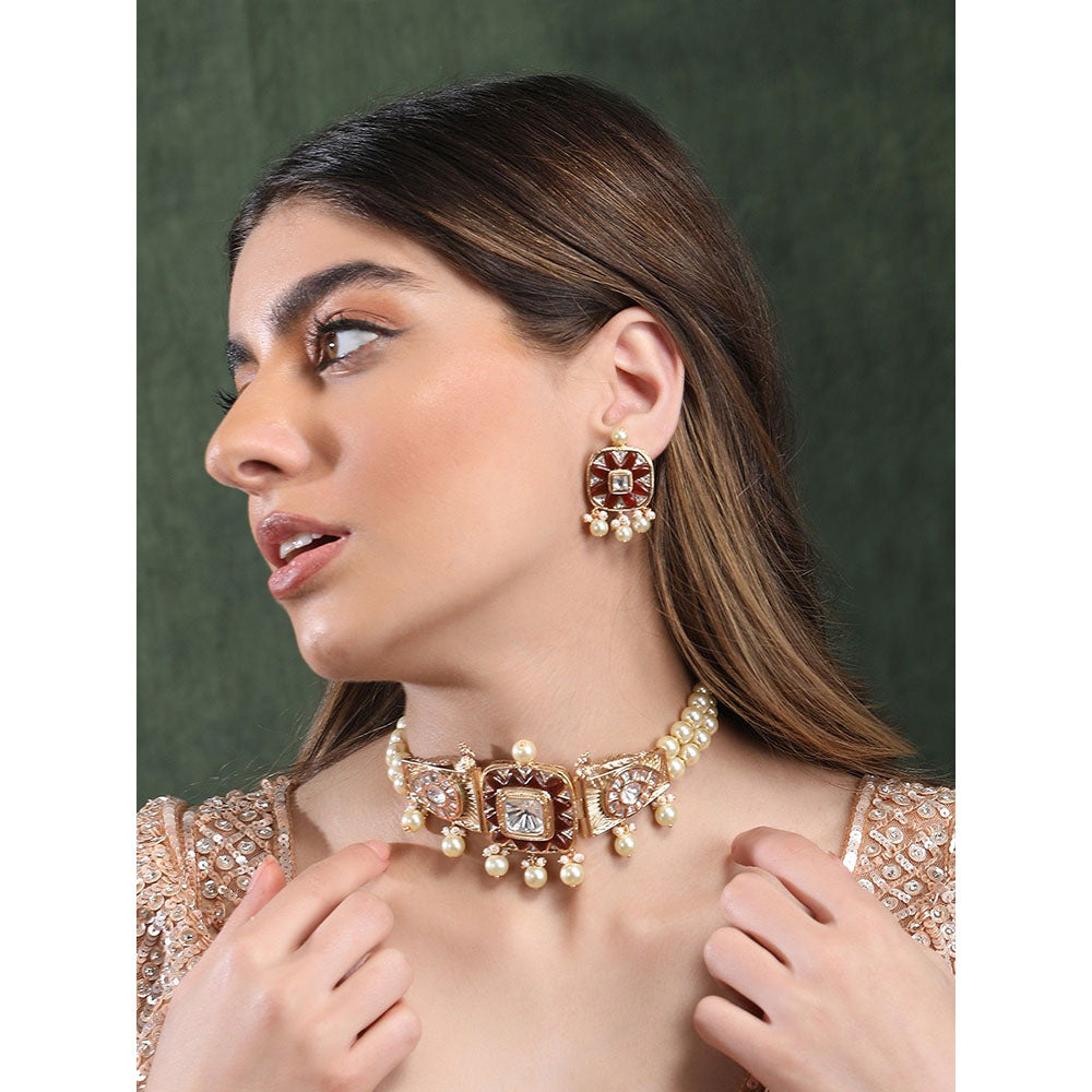 Auraa Trends 22Kt Gold Plated Kundan Maroon And Gold Choker Jewellery Set