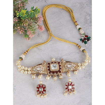 Auraa Trends 22Kt Gold Plated Kundan Maroon And Gold Choker Jewellery Set