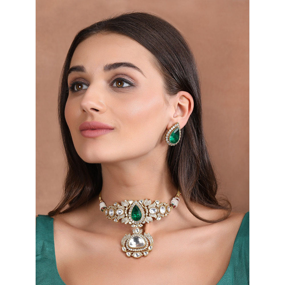 Auraa Trends Gold Plated Kundan Polka & Green Stone Choker Jewellery Set