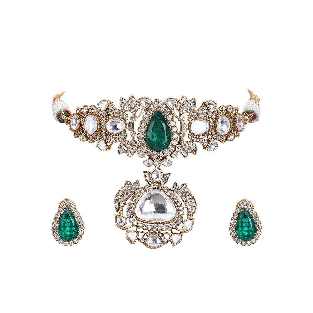 Auraa Trends Gold Plated Kundan Polka & Green Stone Choker Jewellery Set