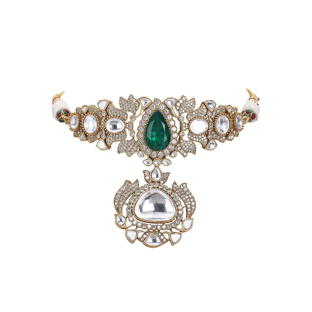 Auraa Trends Gold Plated Kundan Polka & Green Stone Choker Jewellery Set