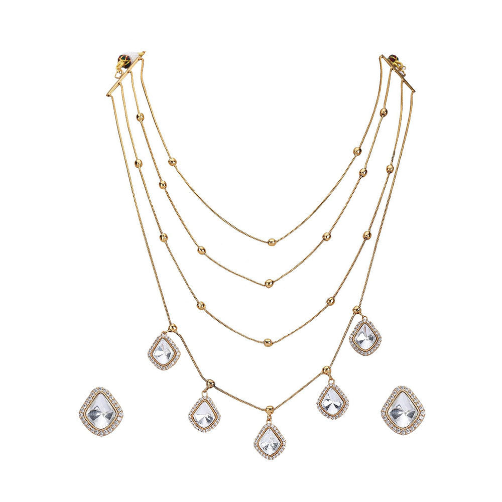 Auraa Trends Gold Finish Kundan Polka & Pearl Layered Chain Jewellery Set