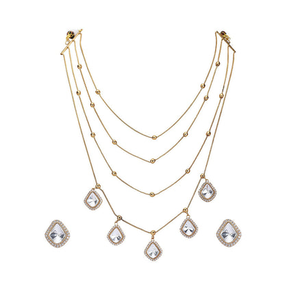 Auraa Trends Gold Finish Kundan Polka & Pearl Layered Chain Jewellery Set