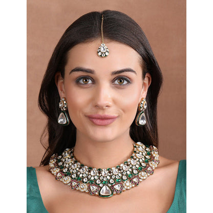 Auraa Trends Gold Finish Multi-Colour Kundan Polka & Beaded Jewellery Set