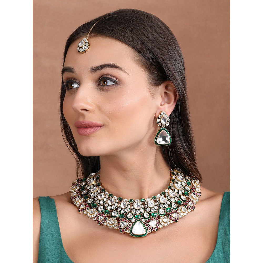 Auraa Trends Gold Finish Multi-Colour Kundan Polka & Beaded Jewellery Set