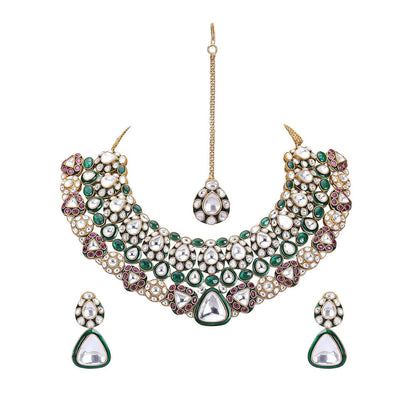 Auraa Trends Gold Finish Multi-Colour Kundan Polka & Beaded Jewellery Set