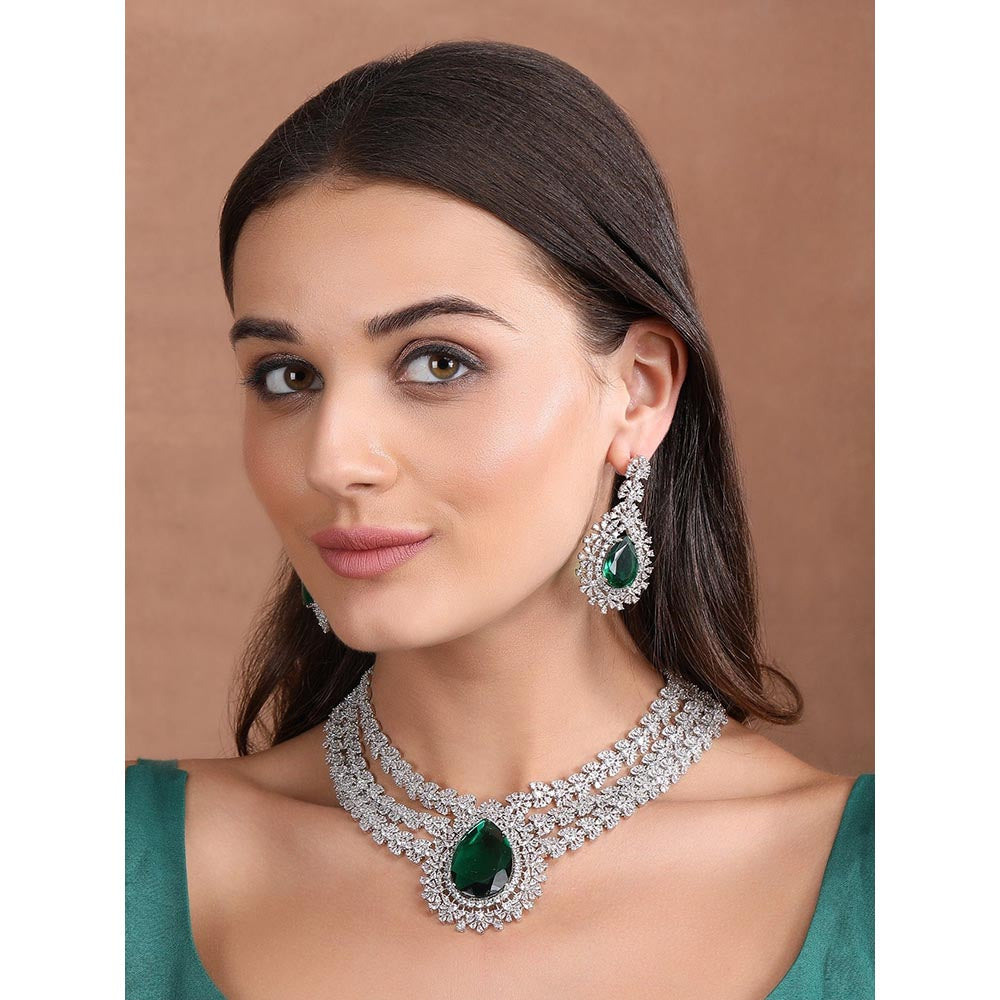 Auraa Trends Rhodium Plated Ad Stone Studded Triple Layered Jewellery Set