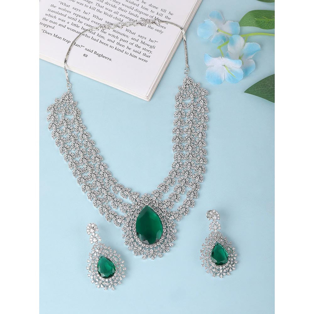 Auraa Trends Rhodium Plated Ad Stone Studded Triple Layered Jewellery Set