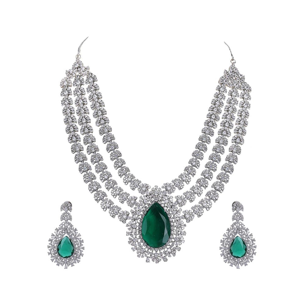 Auraa Trends Rhodium Plated Ad Stone Studded Triple Layered Jewellery Set