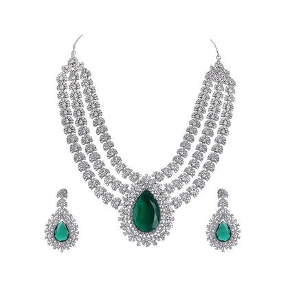 Auraa Trends Rhodium Plated Ad Stone Studded Triple Layered Jewellery Set