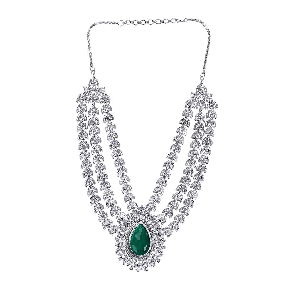 Auraa Trends Rhodium Plated Ad Stone Studded Triple Layered Jewellery Set
