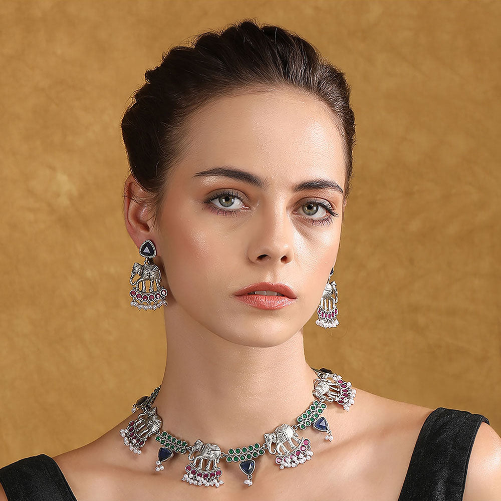 Auraa Trends Silver Plated Stone Studded Jewellery Set