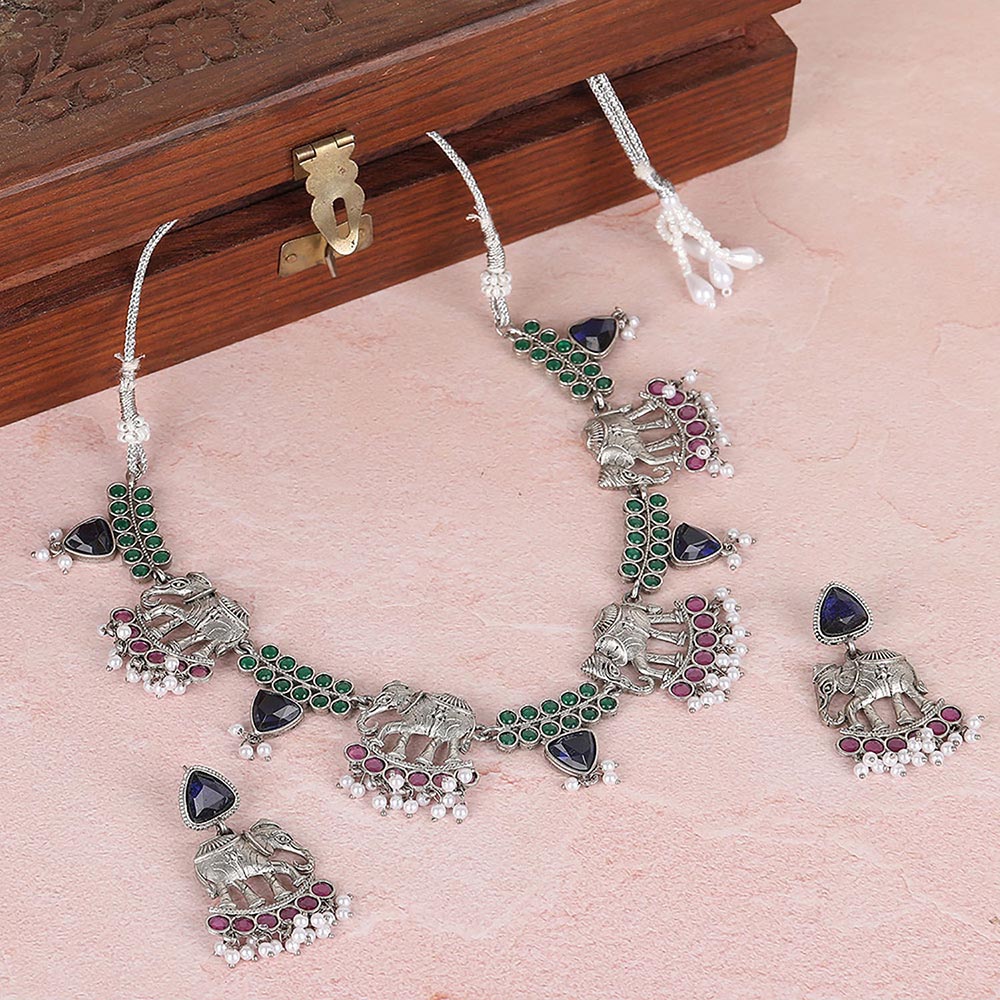 Auraa Trends Silver Plated Stone Studded Jewellery Set