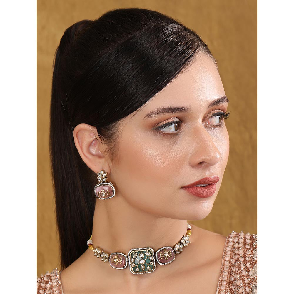 Auraa Trends Pink and Green Stone Necklace with Earrings